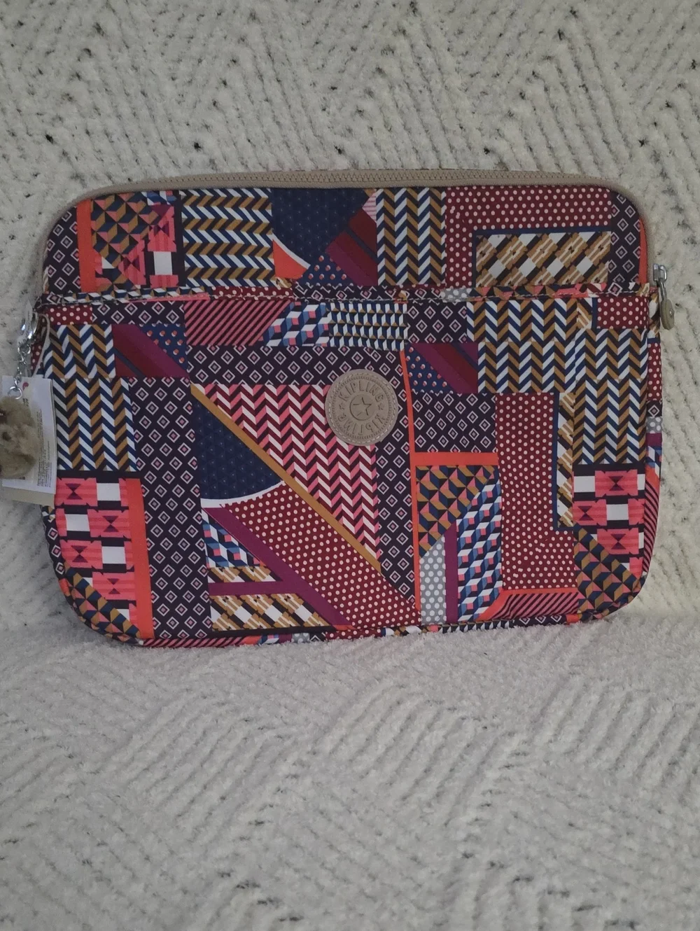 Kipling Patchwork Laptop Sleeve in Navy, Pink, Red and Gold Accents